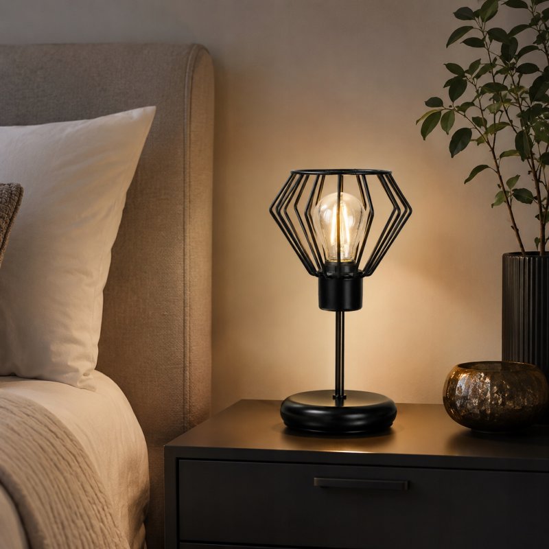 LAMPKA NOCNA LAMPA STOŁOWA LOFT CZARNA E27 DRUT DRUCIANA DIAMENT