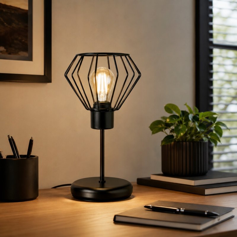 LAMPKA NOCNA LAMPA STOŁOWA LOFT CZARNA E27 DRUT DRUCIANA DIAMENT