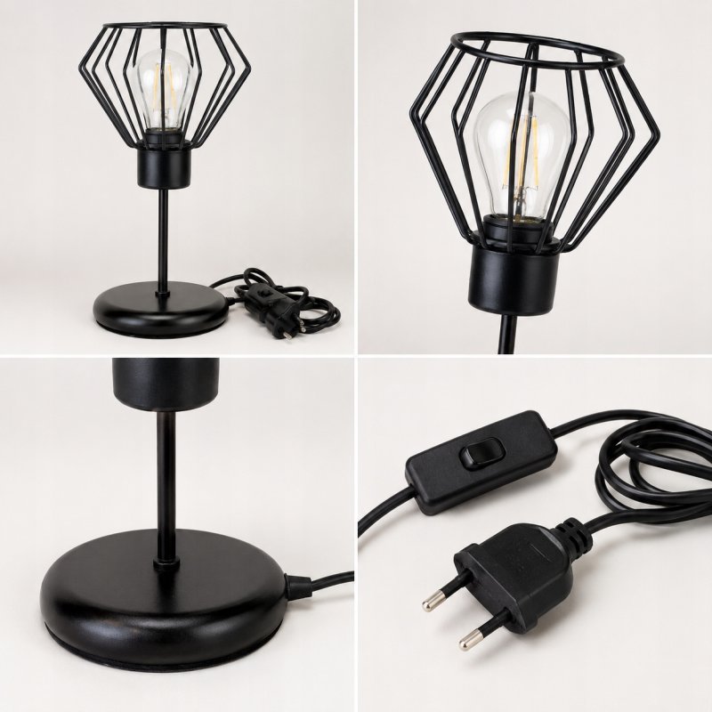 LAMPKA NOCNA LAMPA STOŁOWA LOFT CZARNA E27 DRUT DRUCIANA DIAMENT