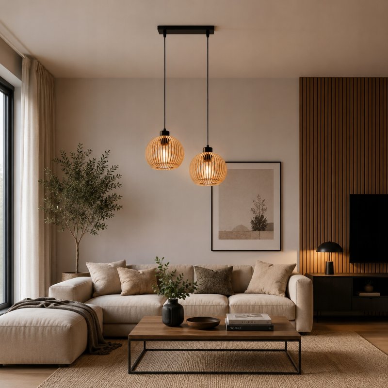 LAMPA WISZĄCA SUFITOWA ŻYRANDOL ZWIS DREWNIANA BOHO E27