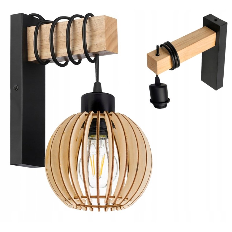 Lampa Kinkiet Ścienny drewniany LED Zwis na kablu klosz 1xE27 LOFT Czarny