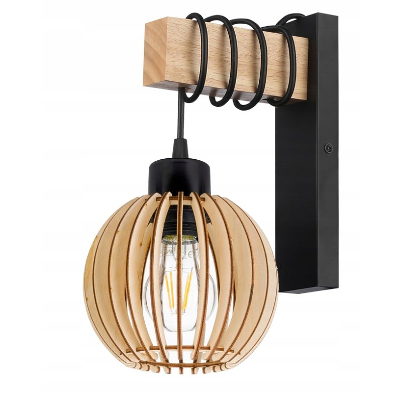 Lampa Kinkiet Ścienny drewniany LED Zwis na kablu klosz 1xE27 LOFT Czarny