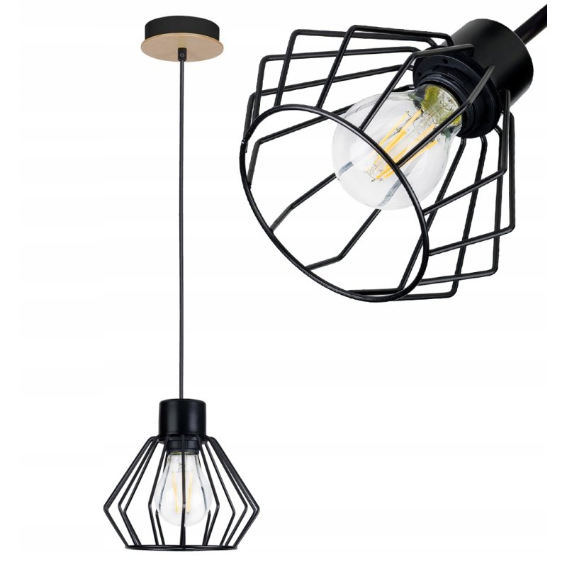 LAMPA wisząca sufitowa ŻYRANDOL zwis BRYLANT metal CZARNY + DREWNO na 1 E27