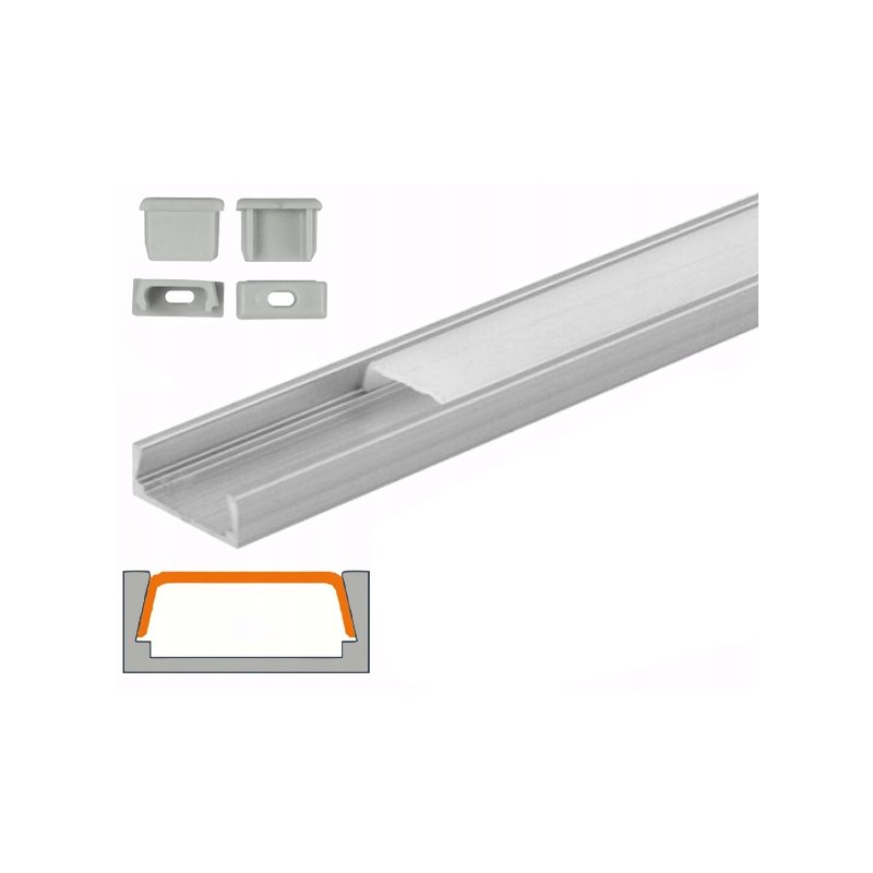 PROFIL aluminiowy NAWIERZCHNIOWY srebrny + KLOSZ mleczny zaślepki 1m do led