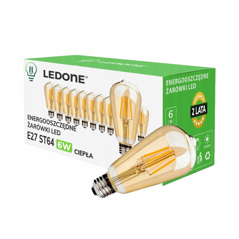 10x Żarówka LED filament E27 ST64 6W CIEPŁA Vintage dymna amber Zestaw LED