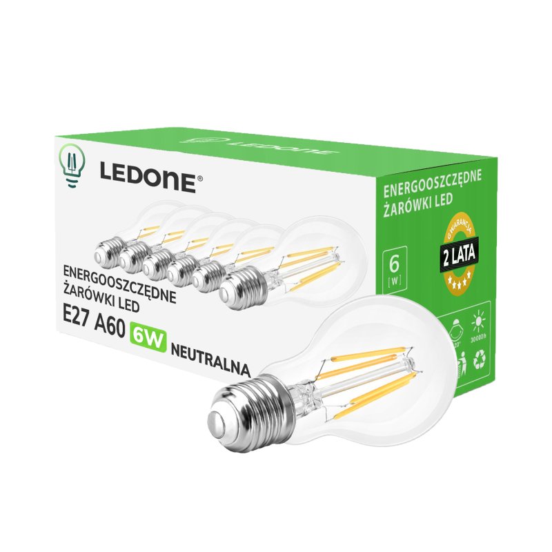 6x Żarówka LED filament E27 A60 6W biała NEUTRALNA CLEAR Zestaw LEDOWY