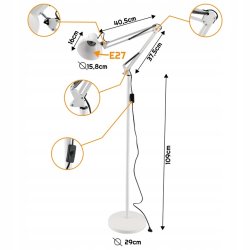Lampa stojąca podłogowa loft na led E27 regulowana biała