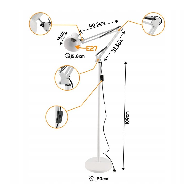 Lampa stojąca podłogowa loft na led E27 regulowana biała