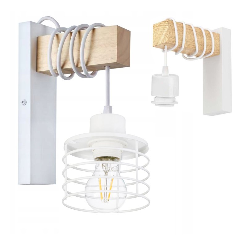 Lampa Kinkiet Ścienny drewniany LED Zwis na kablu klosz 1xE27 LOFT Biały