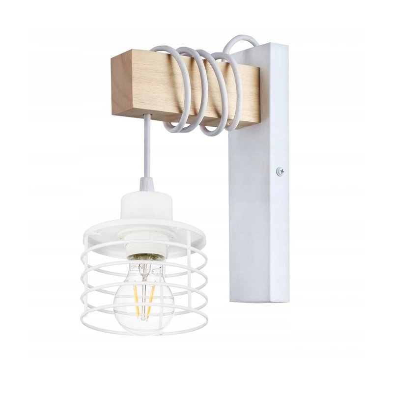 Lampa Kinkiet Ścienny drewniany LED Zwis na kablu klosz 1xE27 LOFT Biały