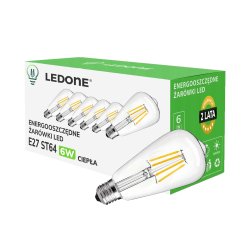 6x Żarówka LED filament E27 ST64 6W biała CIEPŁA retro CLEAR Zestaw LEDOWY