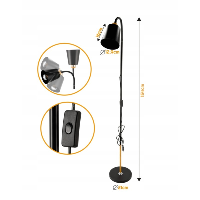Lampa stojąca podłogowa loft na led pojedyncza 1x E27 regulowana czarna