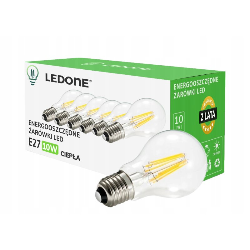6x Żarówka LED filament E27 A60 10W biała CIEPŁA retro CLEAR Zestaw LEDOWY