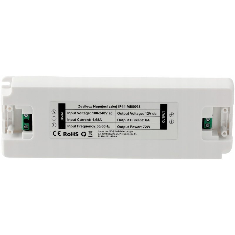 Zasilacz meblowy slim 12V 6A 72W IP44 do taśm led