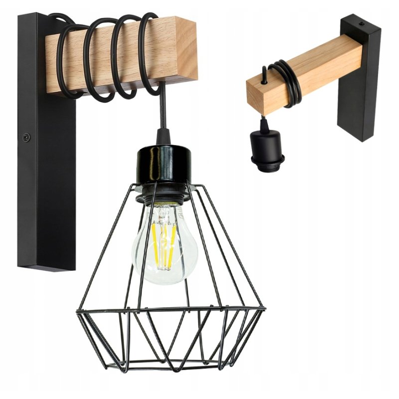 Lampa Kinkiet Ścienny drewniany LED Zwis na kablu klosz 1xE27 LOFT Czarny