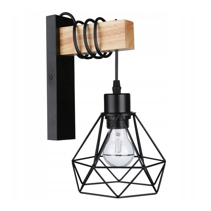 Lampa Kinkiet Ścienny drewniany LED Zwis na kablu klosz 1xE27 LOFT Czarny