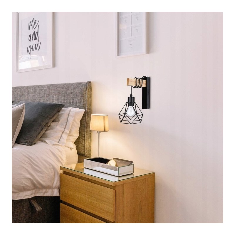 Lampa Kinkiet Ścienny drewniany LED Zwis na kablu klosz 1xE27 LOFT Czarny