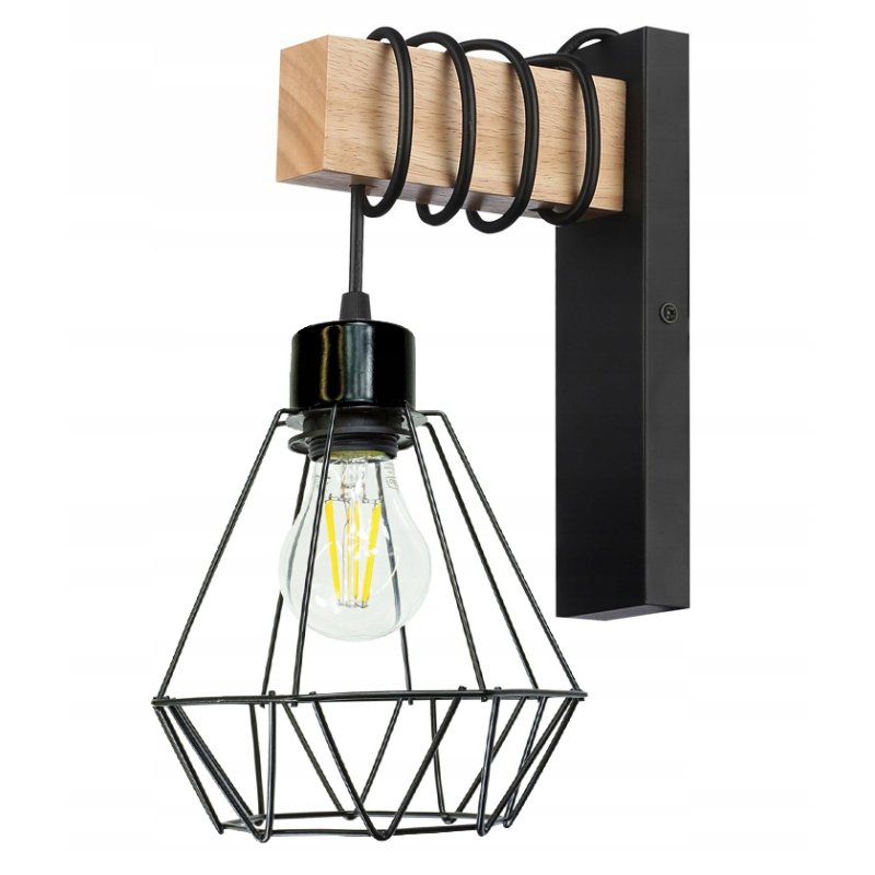 Lampa Kinkiet Ścienny drewniany LED Zwis na kablu klosz 1xE27 LOFT Czarny