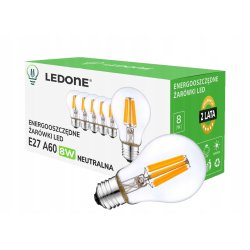 6x Żarówka LED filament E27 A60 8W biała NEUTRALNA CLEAR Zestaw LEDOWY