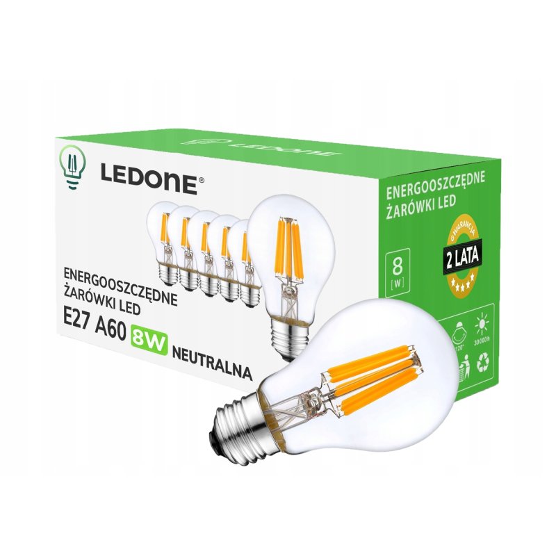 6x Żarówka LED filament E27 A60 8W biała NEUTRALNA CLEAR Zestaw LEDOWY