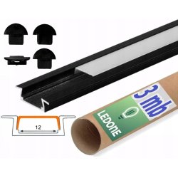 PROFIL aluminiowy WPUSZCZANY czarny + KLOSZ mleczny zaślepki 3m do led