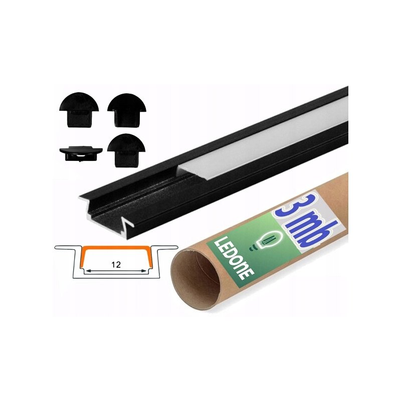 PROFIL aluminiowy WPUSZCZANY czarny + KLOSZ mleczny zaślepki 3m do led