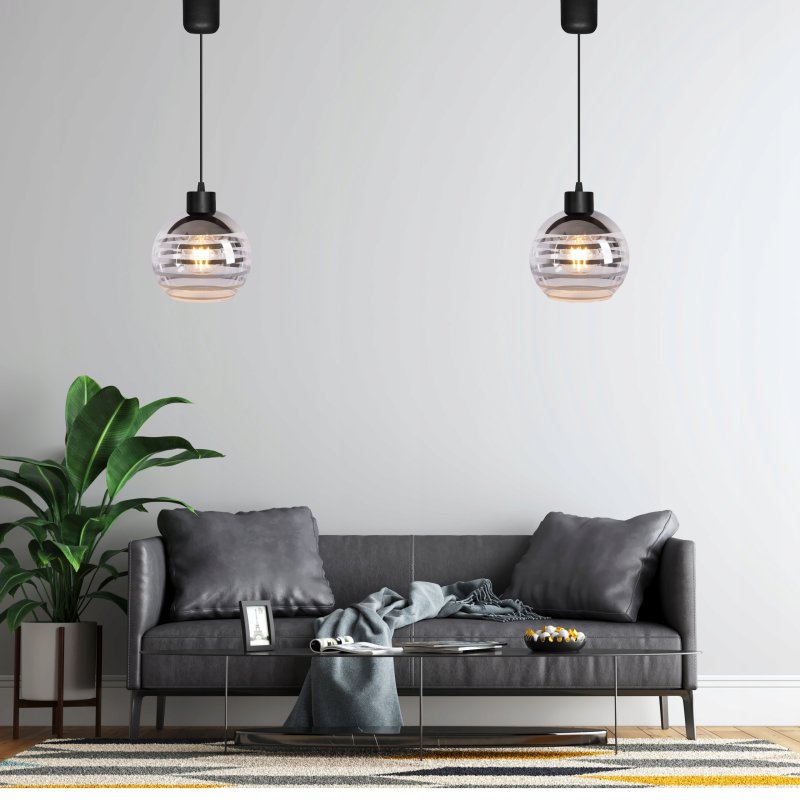 Lampa wisząca sufitowa ZWIS PCV na 1x E27 szklany klosz kula paski