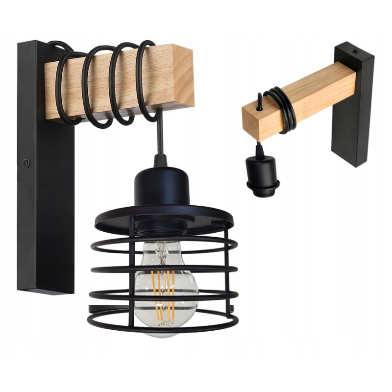Lampa Kinkiet Ścienny drewniany LED Zwis na kablu klosz 1xE27 LOFT Czarny