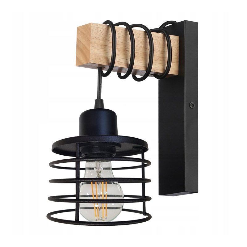 Lampa Kinkiet Ścienny drewniany LED Zwis na kablu klosz 1xE27 LOFT Czarny