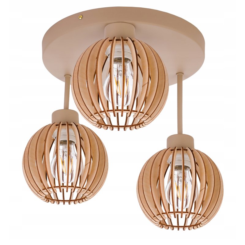 LAMPA WISZĄCA SUFITOWA PLAFON ŻYRANDOL stały 3 E27 KASZMIR beż klosz DREWNO