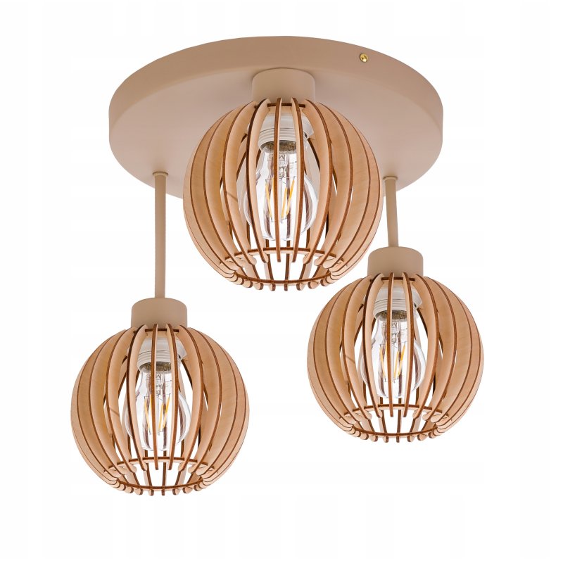 LAMPA WISZĄCA SUFITOWA PLAFON ŻYRANDOL stały 3 E27 KASZMIR beż klosz DREWNO