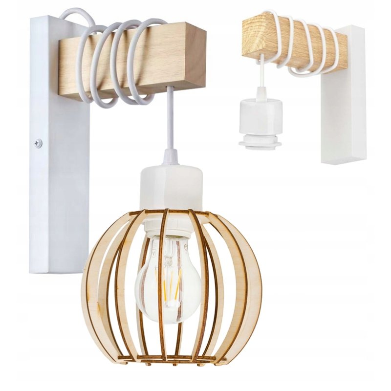Lampa Kinkiet Ścienny drewniany LED Zwis na kablu klosz 1xE27 LOFT Biały