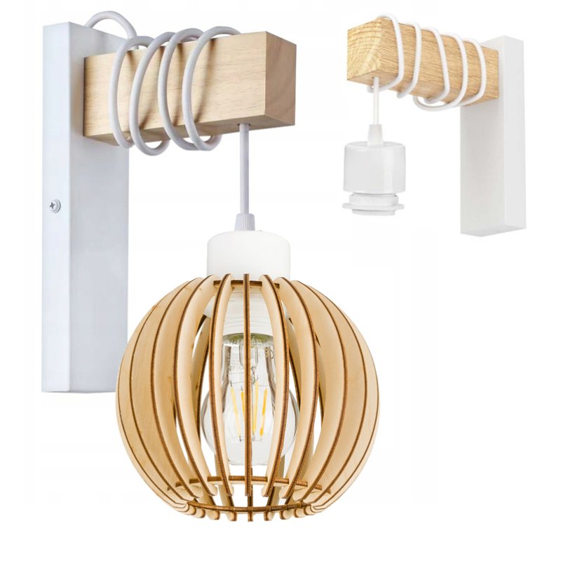 Lampa Kinkiet Ścienny drewniany LED Zwis na kablu klosz 1xE27 LOFT Biały