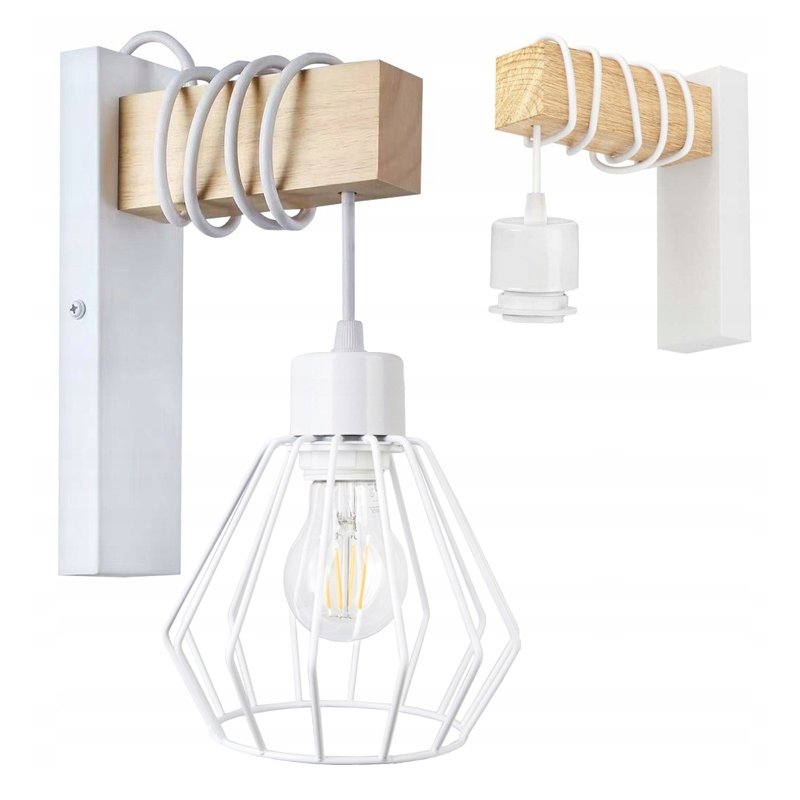Lampa Kinkiet Ścienny drewniany LED Zwis na kablu klosz 1xE27 LOFT Biały