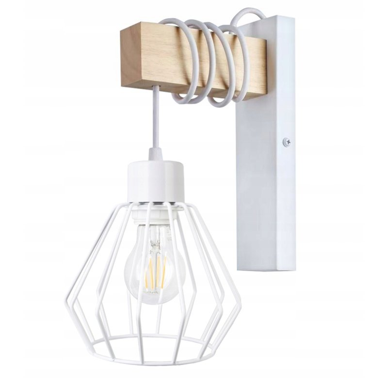 Lampa Kinkiet Ścienny drewniany LED Zwis na kablu klosz 1xE27 LOFT Biały