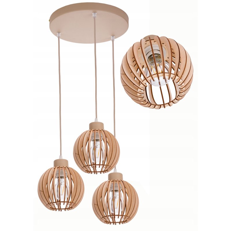LAMPA WISZACA sufitowa zwis żyrandol E27 KASZMIR beż ecru klosz KULA drewno