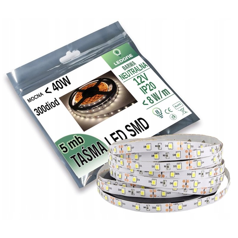 MOCNA 8W/m Taśma LED PREMIUM 2835 300 NW IP20 5m