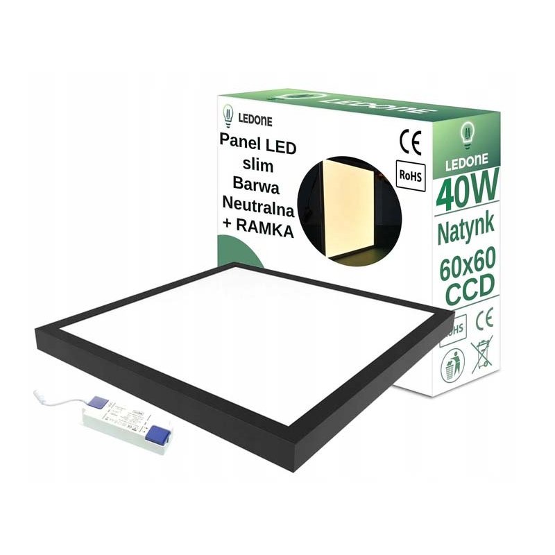 Panel kaseton lampa LED 40W CCD 60x60 oprawa natynkowa barwa NW czarny PCV