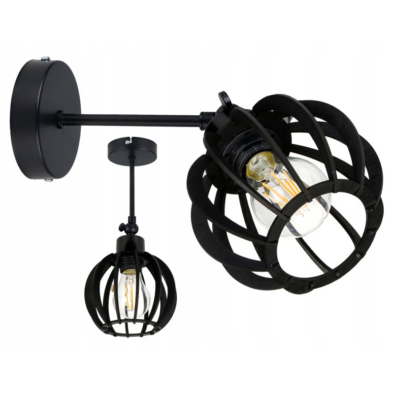LAMPA KINKIET czarny na 1x E27 ścienny regulowany loft KULA Drewno czarne