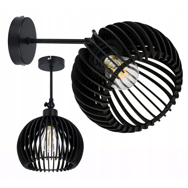 Lampa kinkiet ścienny regulowany LOFT klosz czarny kula 36 Drewno na 1x E27