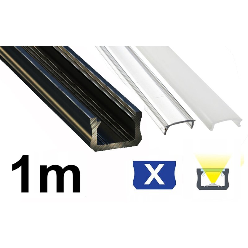 1m Profil aluminiowy CZARNY typ X wąski głęboki + Klosz do taśm led