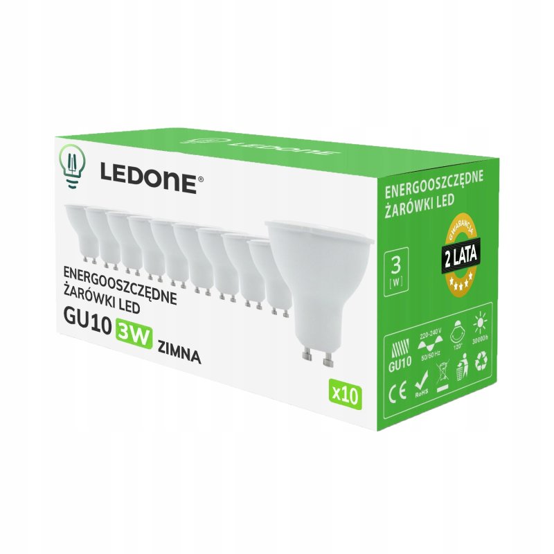 10x Żarówka LED GU10 3W Barwa ZIMNA Premium Energooszczędne Zestaw LEDOWY