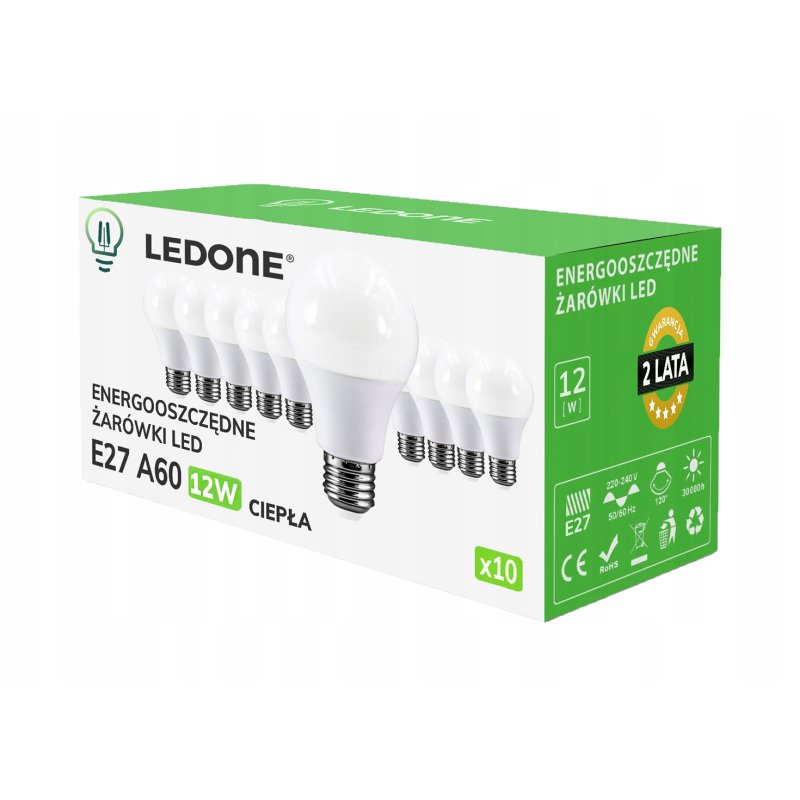 10x Żarówka LED E27 A60 12W Barwa biała CIEPŁA Premium Zestaw LEDOWY