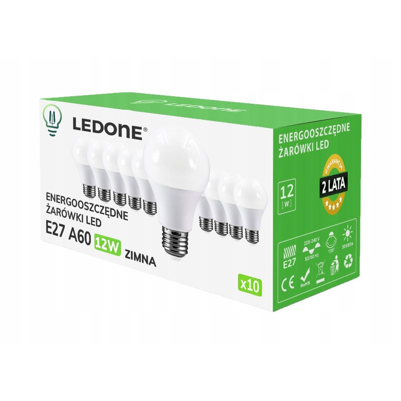 10x Żarówka LED E27 A60 12W Barwa biała ZIMNA Premium Zestaw LEDOWY