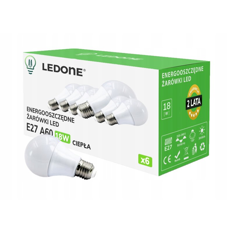 6x Żarówka LED E27 A60 18W Barwa biała CIEPŁA Premium Zestaw LEDOWY