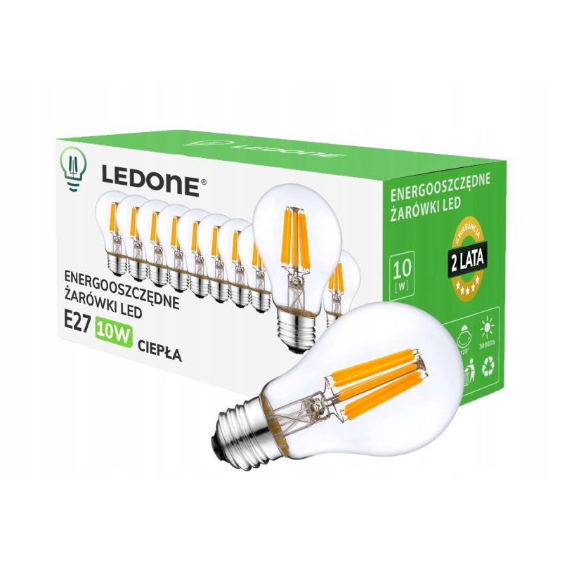 10x Żarówka LED filament E27 A60 10W biała CIEPŁA retro CLEAR Zestaw LEDOWY