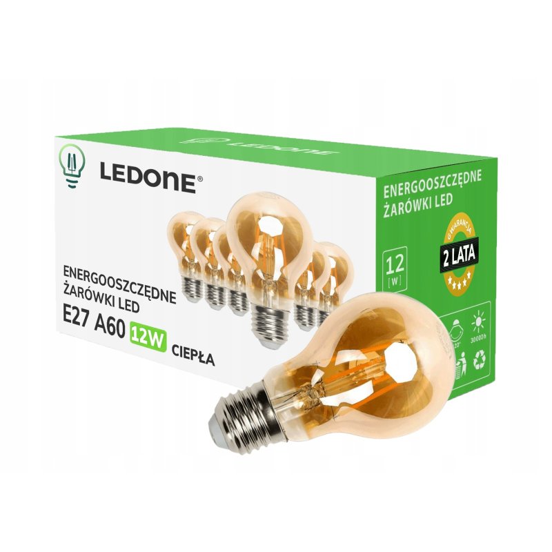 6x Żarówka LED filament E27 A60 12W CIEPŁA retro Vintage Zestaw LEDOWY