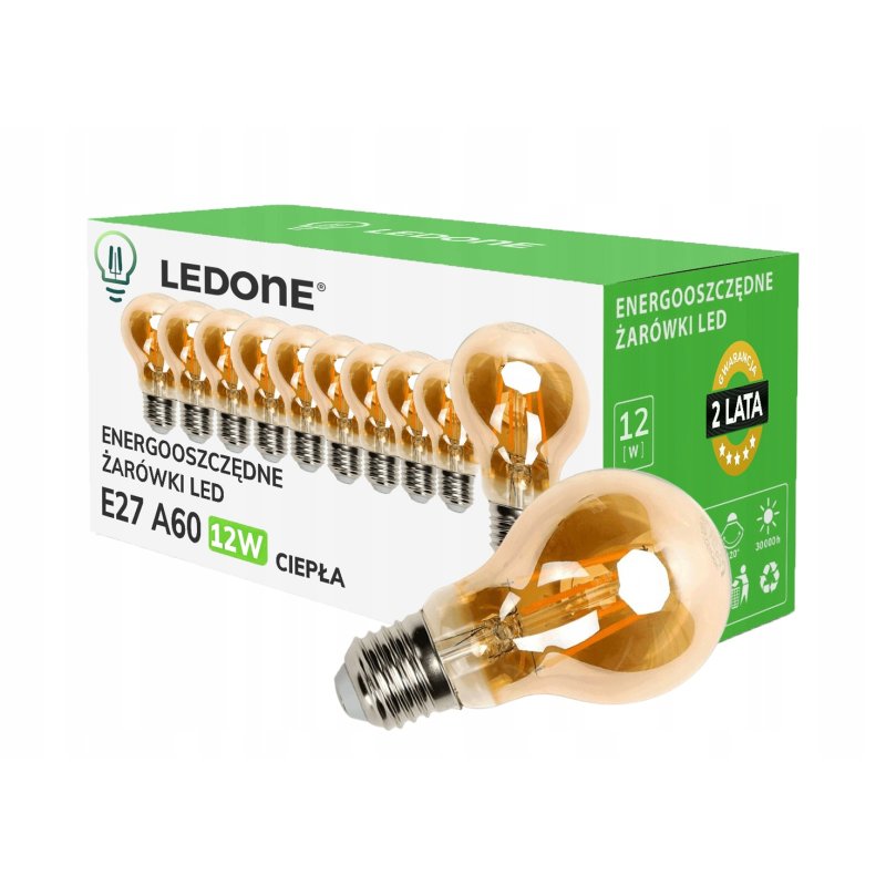 10x Żarówka LED filament E27 A60 12W CIEPŁA retro Vintage Zestaw LEDOWY