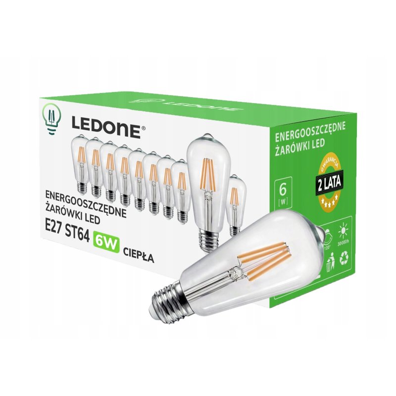 10x Żarówka LED filament E27 ST64 6W biała CIEPŁA retro CLEAR Zestaw LEDOWY