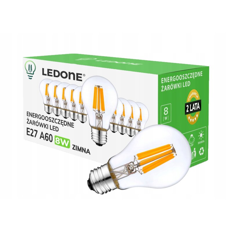 10x Żarówka LED filament E27 A60 8W biała ZIMNA retro CLEAR Zestaw LEDOWY